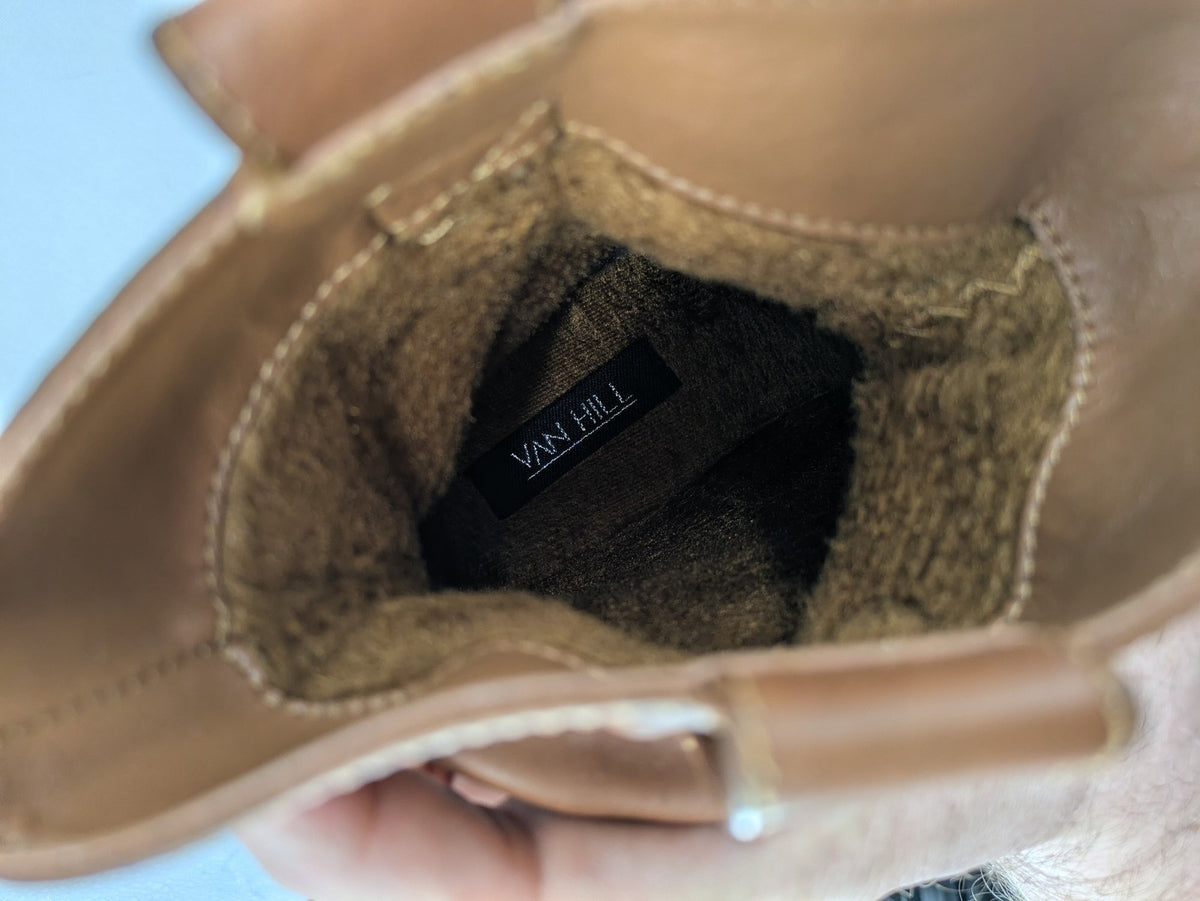 Van Hill brown ankle boots with slouchy design, fold-over cuff, and soft lining.