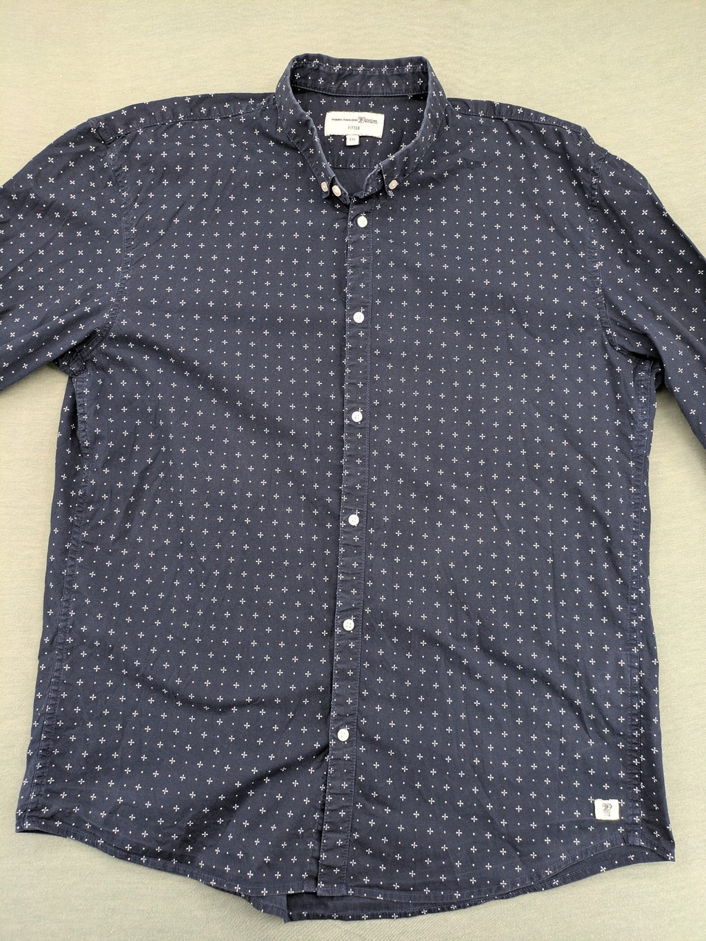 Tom Tailor Denim navy long sleeve shirt fitted cotton button-down with subtle allover pattern.