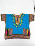 M/L multi Dashiki shirt with vibrant ethnic print on light blue cotton fabric.