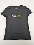 Primark black graphic t-shirt featuring yellow and white Pornhub logo on chest.