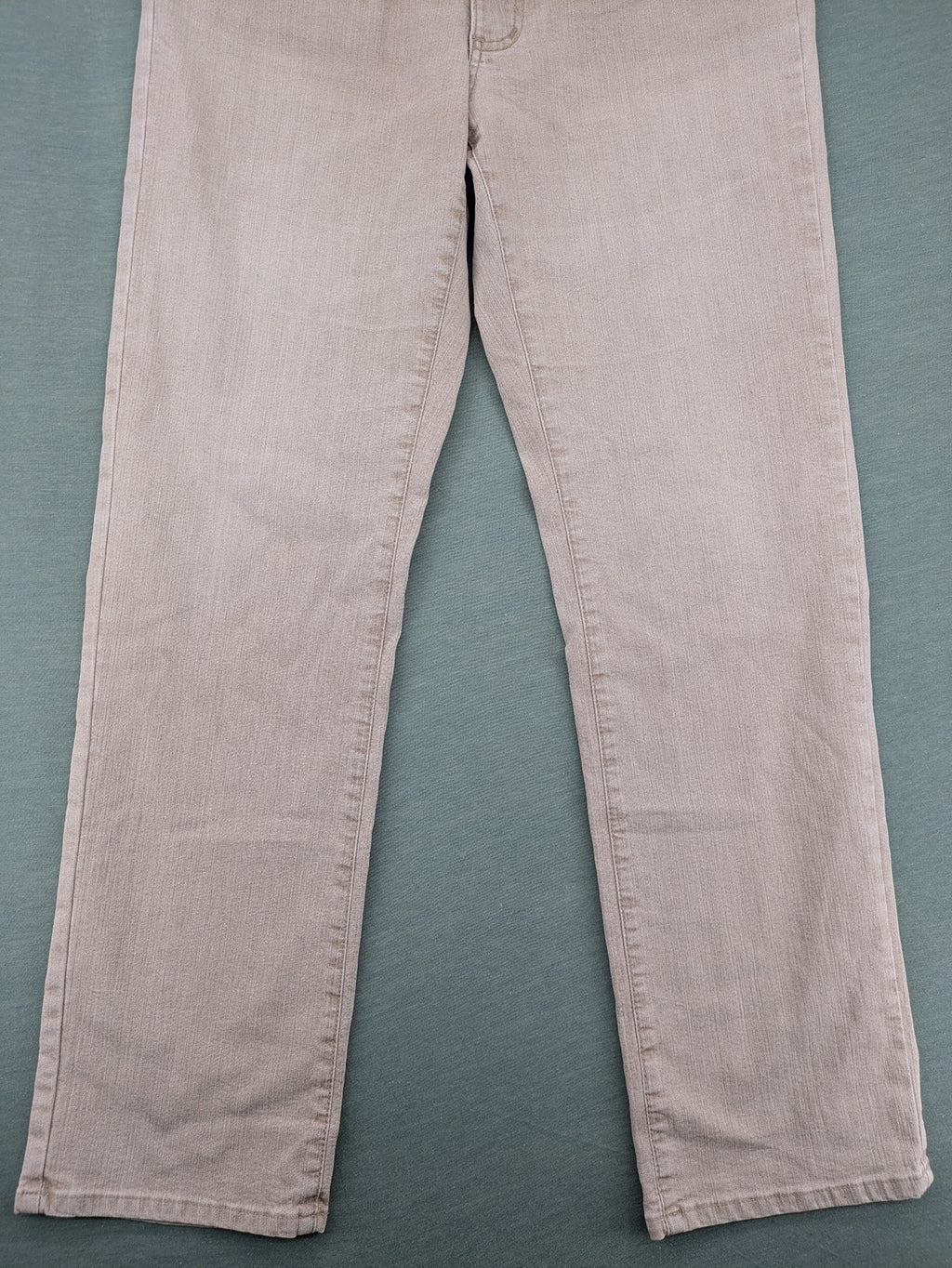 Angels beige straight leg jeans with five-pocket design and zipper button closure.