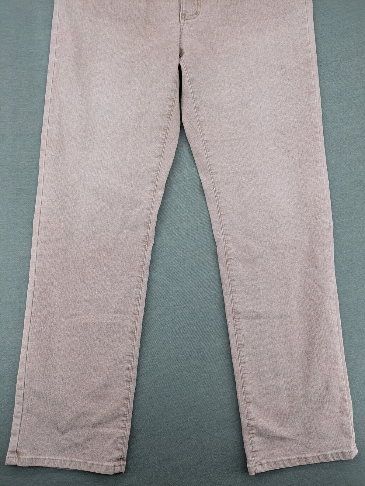 Angels beige straight leg jeans with five-pocket design and zipper button closure.