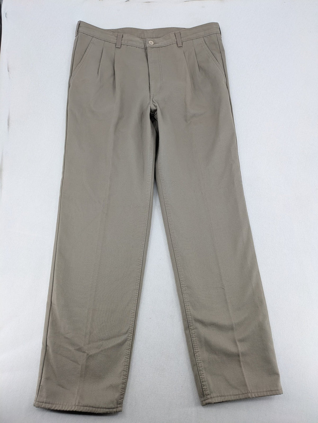 Pioneer beige chino trousers with pleats, straight leg, and buttoned back pocket.