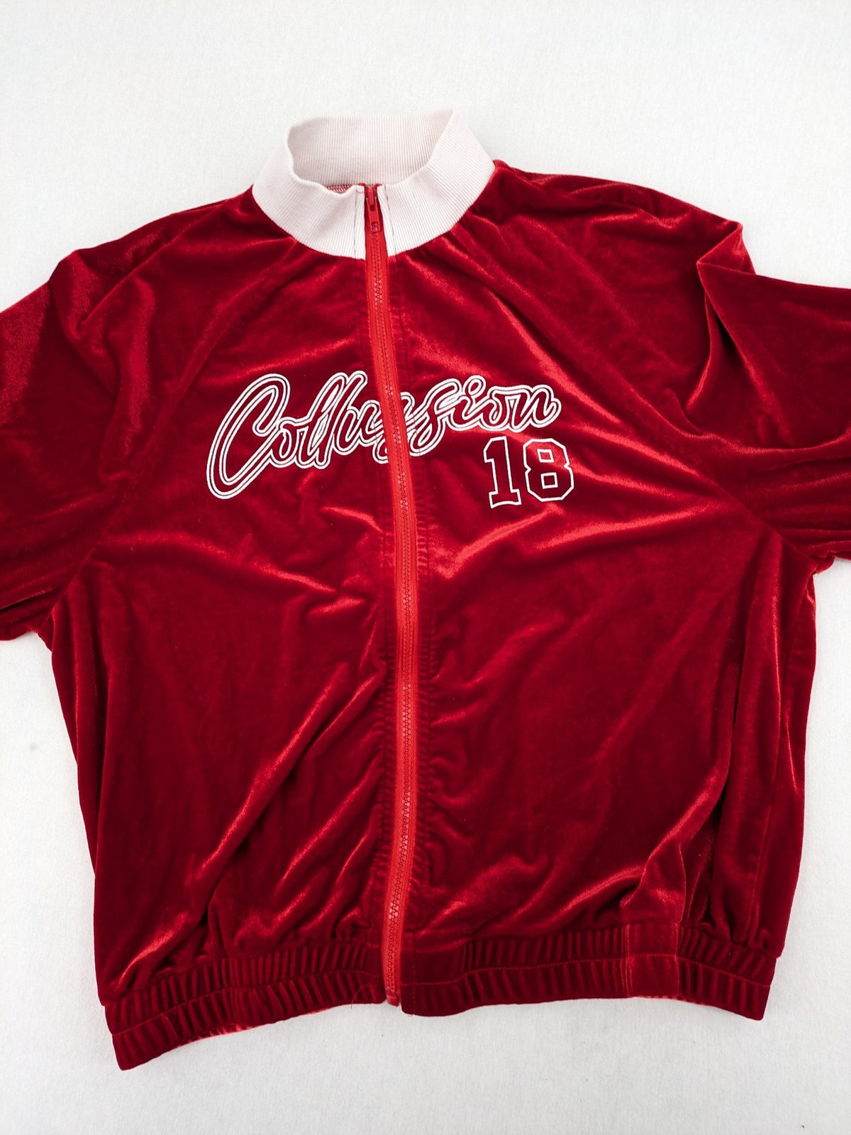 SHEIN red loungewear set velvet fabric with white collar and "Collision 18" graphic.