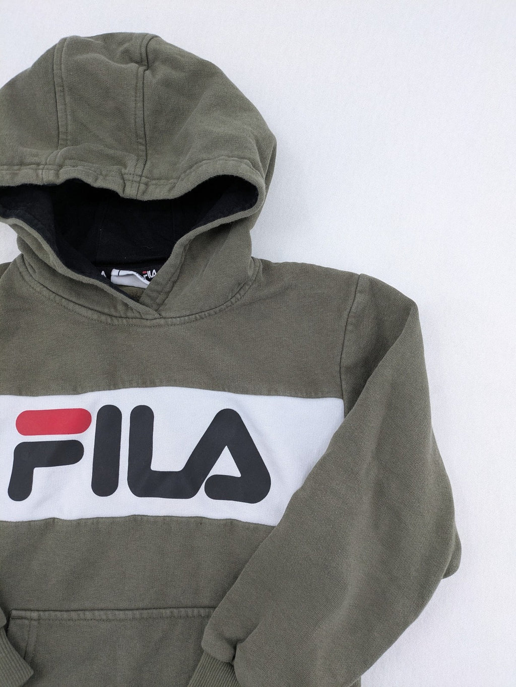 Fila turtle neck jumper khaki with large white logo and kangaroo pocket.