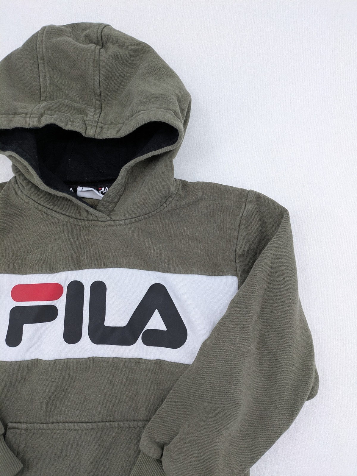 Fila turtle neck jumper khaki with large white logo and kangaroo pocket.