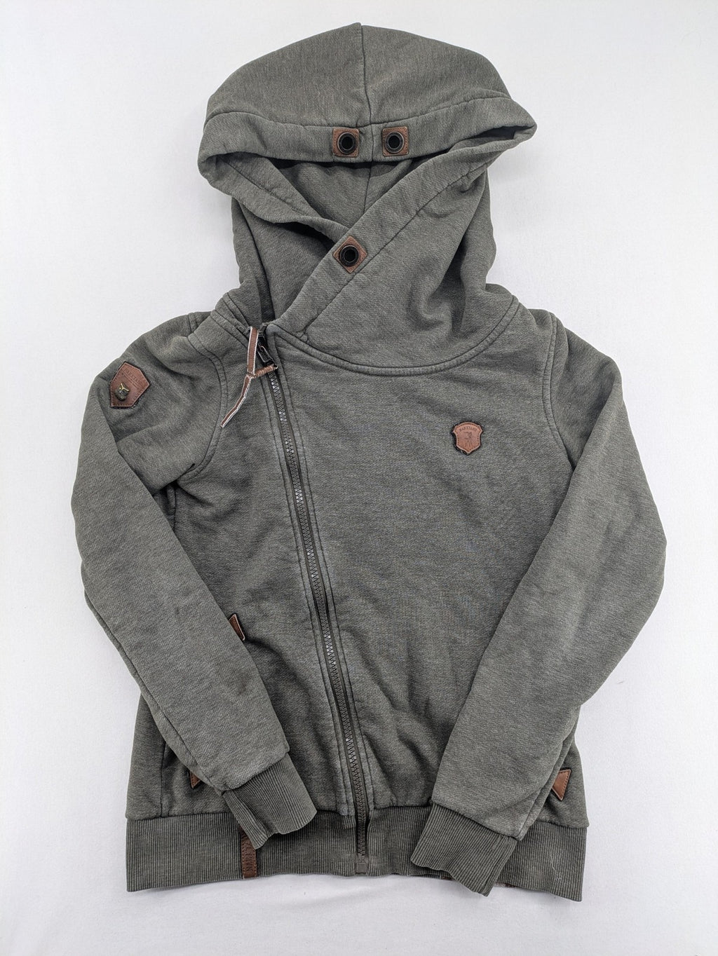 Naketano grey hoodie jacket asymmetrical zipper high collar soft cotton-polyester blend