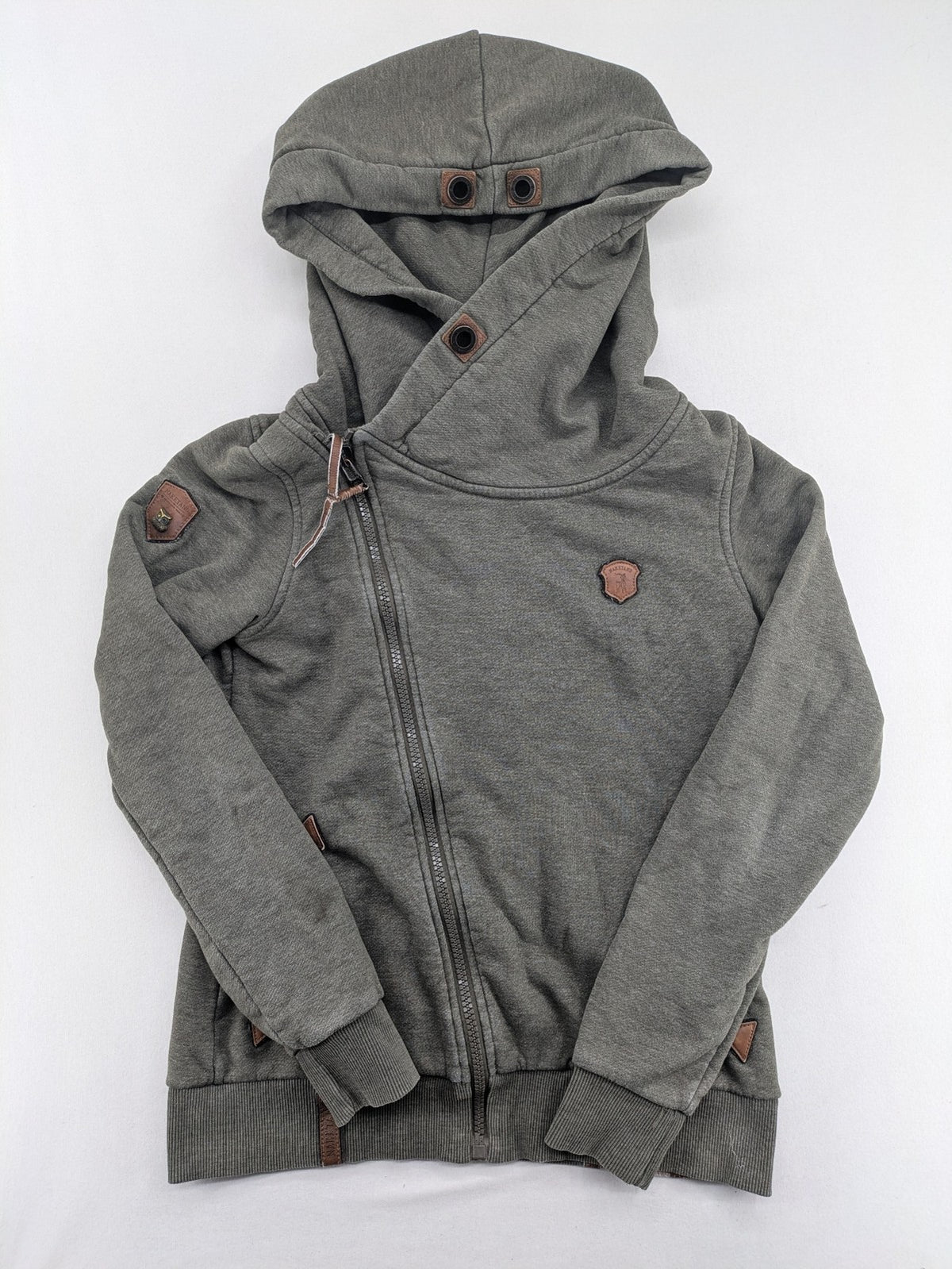 Naketano grey hoodie jacket asymmetrical zipper high collar soft cotton-polyester blend