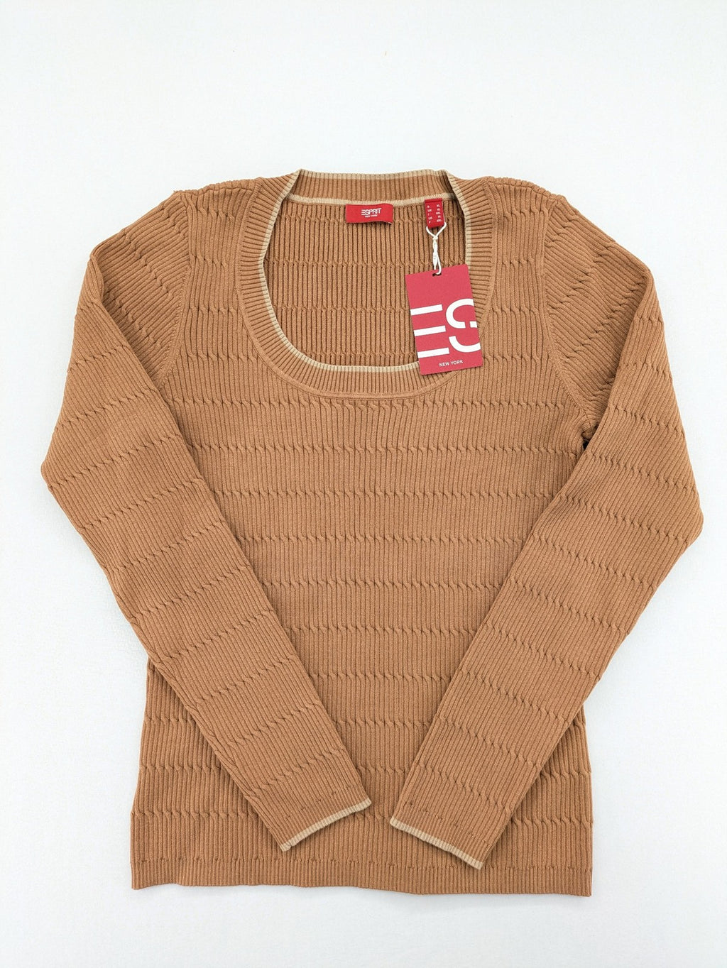 Esprit brown turtle neck jumper with ribbed texture and wide U-neckline.
