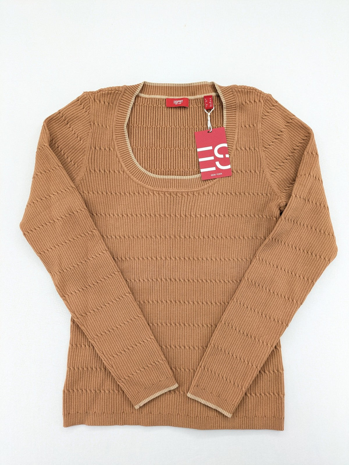 Esprit brown turtle neck jumper with ribbed texture and wide U-neckline.