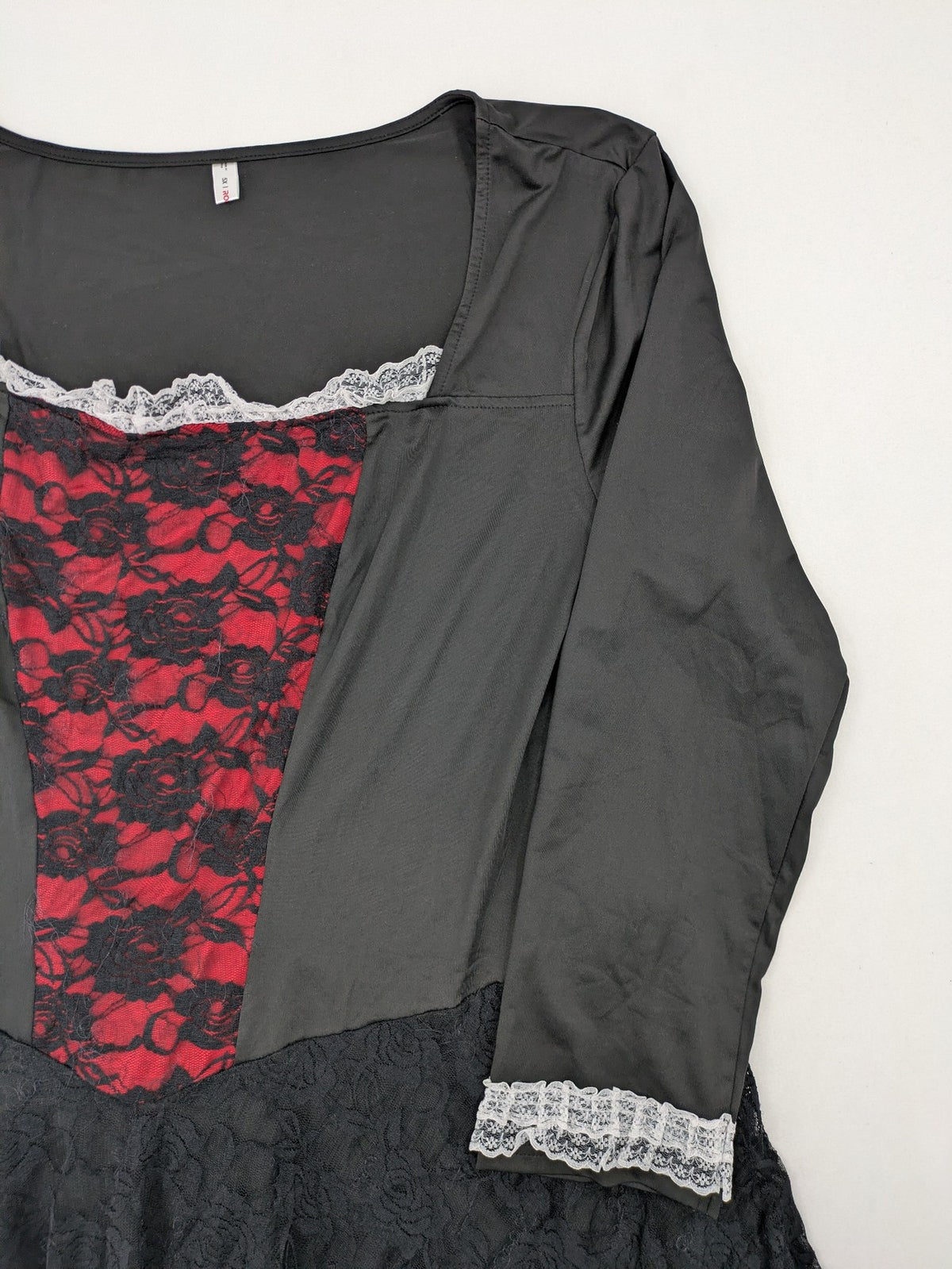 Rose Gal pink gothic dress with black lace trim and white lace cuffs, square cut.