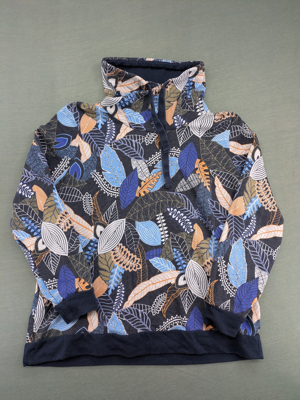 john baner orange turtle neck jumper blue leaf print on dark navy base