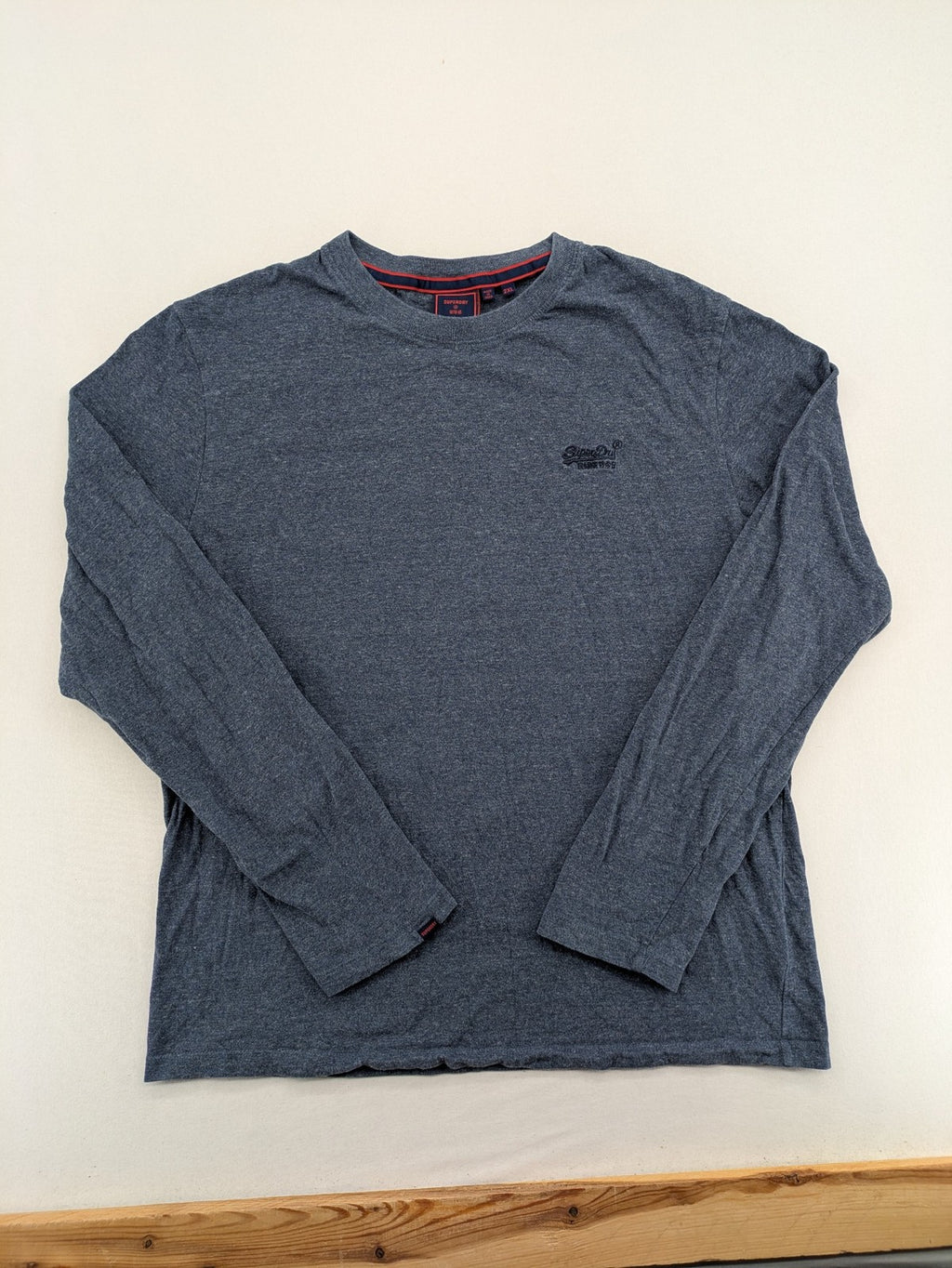 Superdry grey long sleeve shirt melange with embroidered logo and red collar accent.