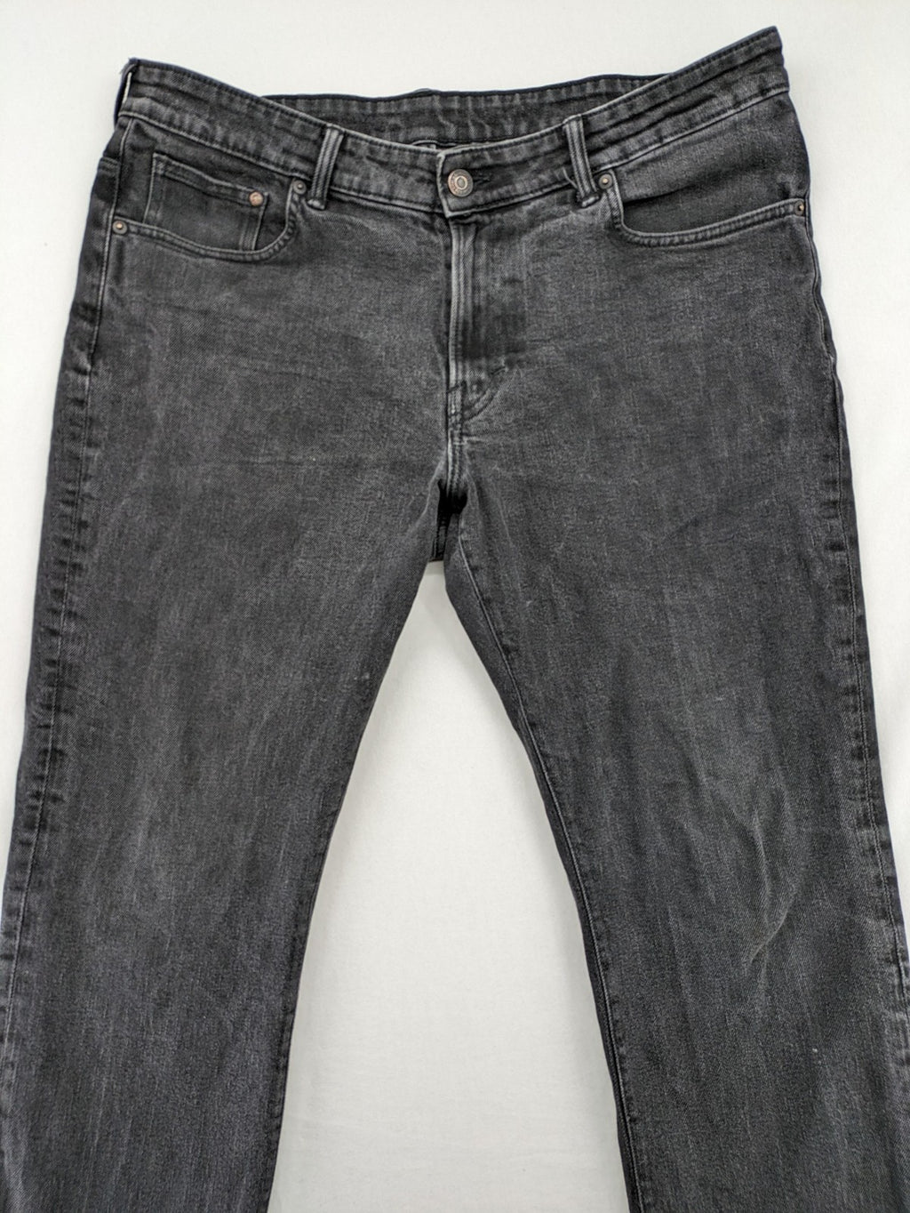 H&M grey straight jeans regular fit dark wash cotton blend with classic styling.