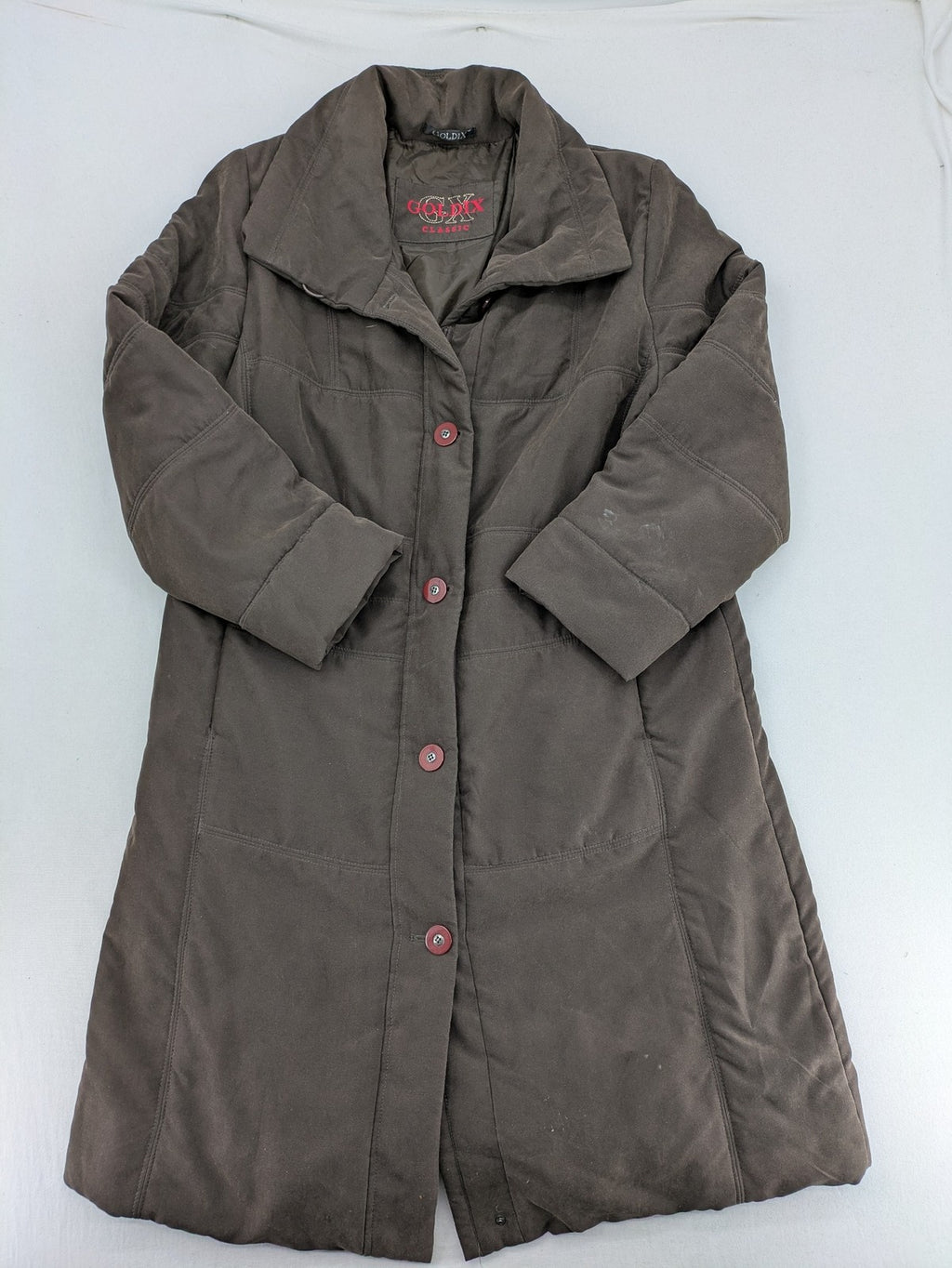 Goldix brown puffer coat size 46, button closure, padded design, classic style.