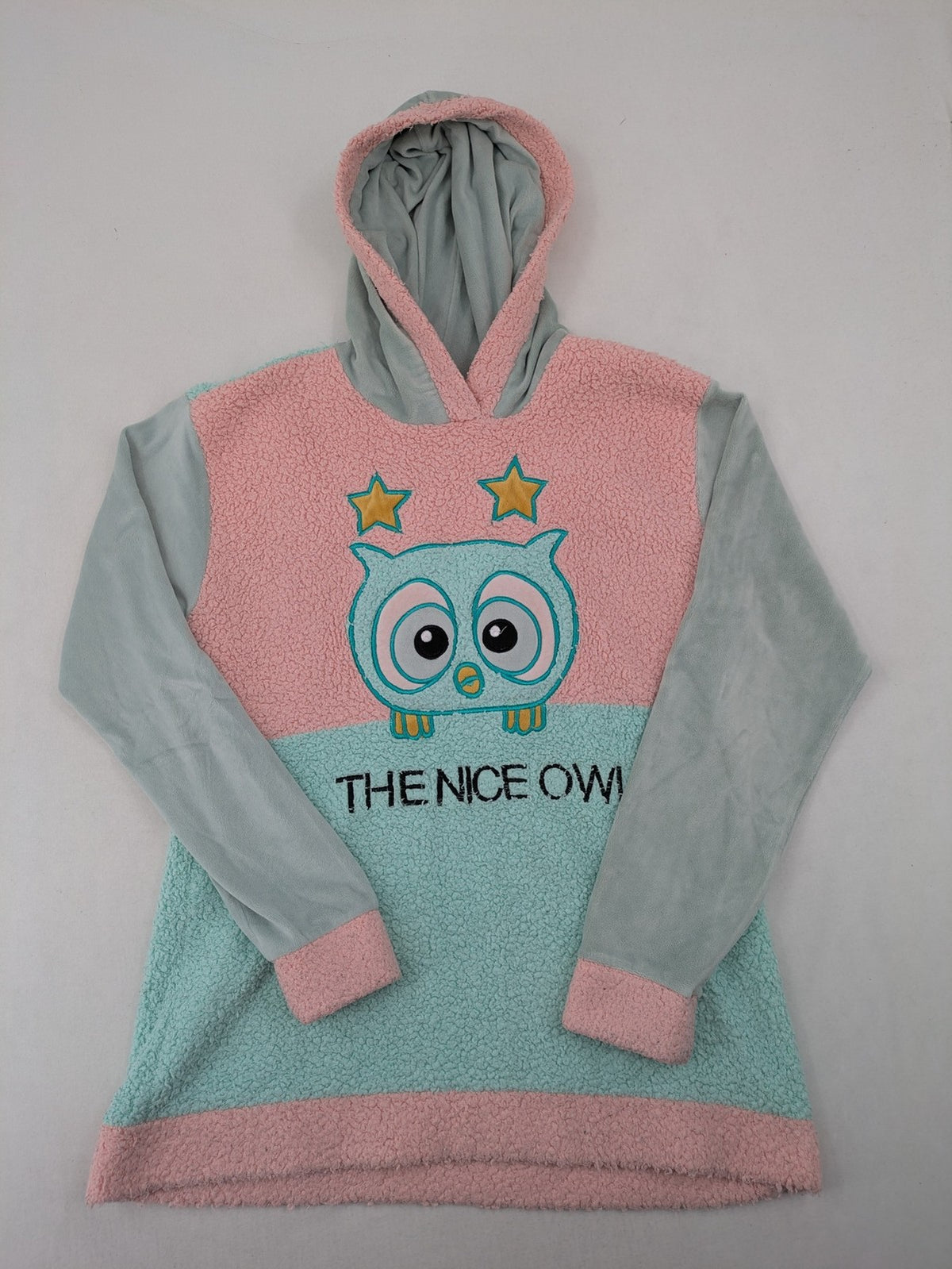 Damen turtle neck jumper blue and green, cute embroidered owl design, soft teddy fleece material.