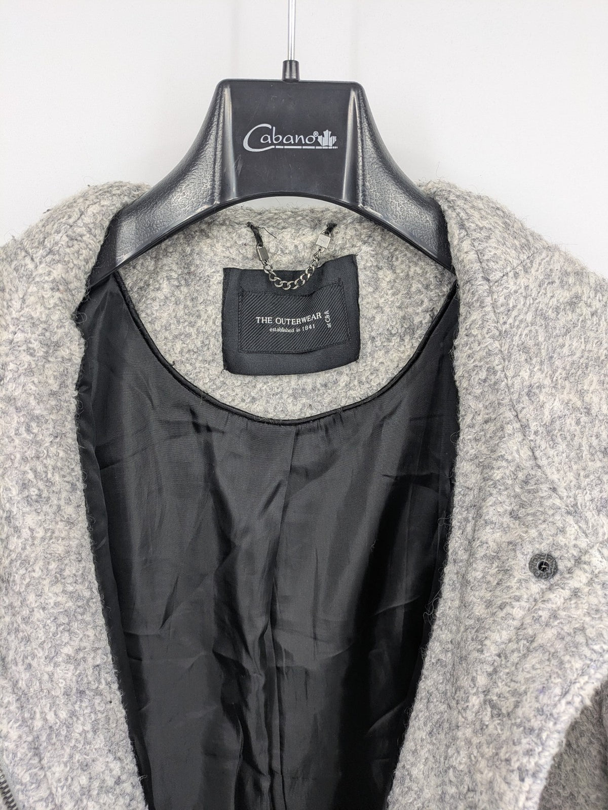 C&A grey jacket wool blend with hood, full zip, modern design, zip pockets.
