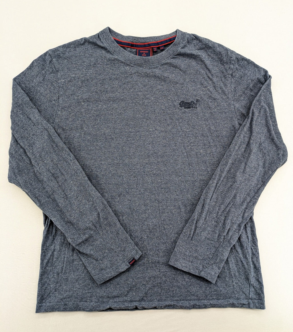 Superdry grey long sleeve shirt melange with embroidered logo and red collar accent.
