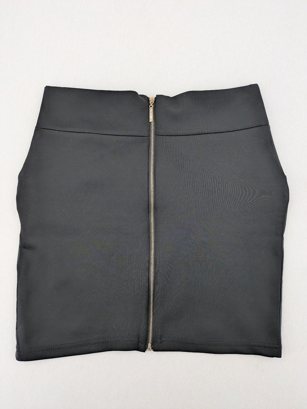 Romatie black mini bodycon skirt satin finish high waist with gold zippers and buckles.