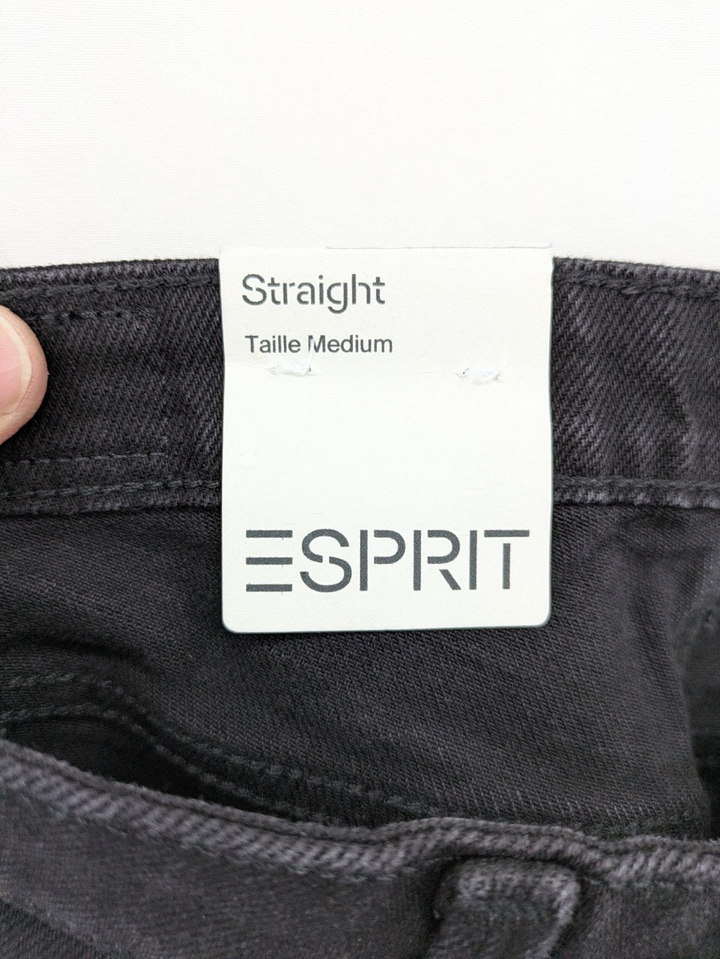 Esprit grey straight jeans with medium rise and original tags, classic denim style.