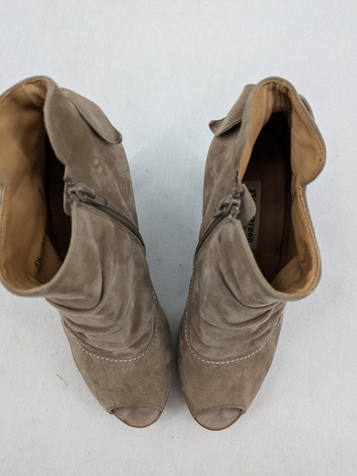 Paul Green taupe suede ankle boots with gathered front, peep toe, and block heel.