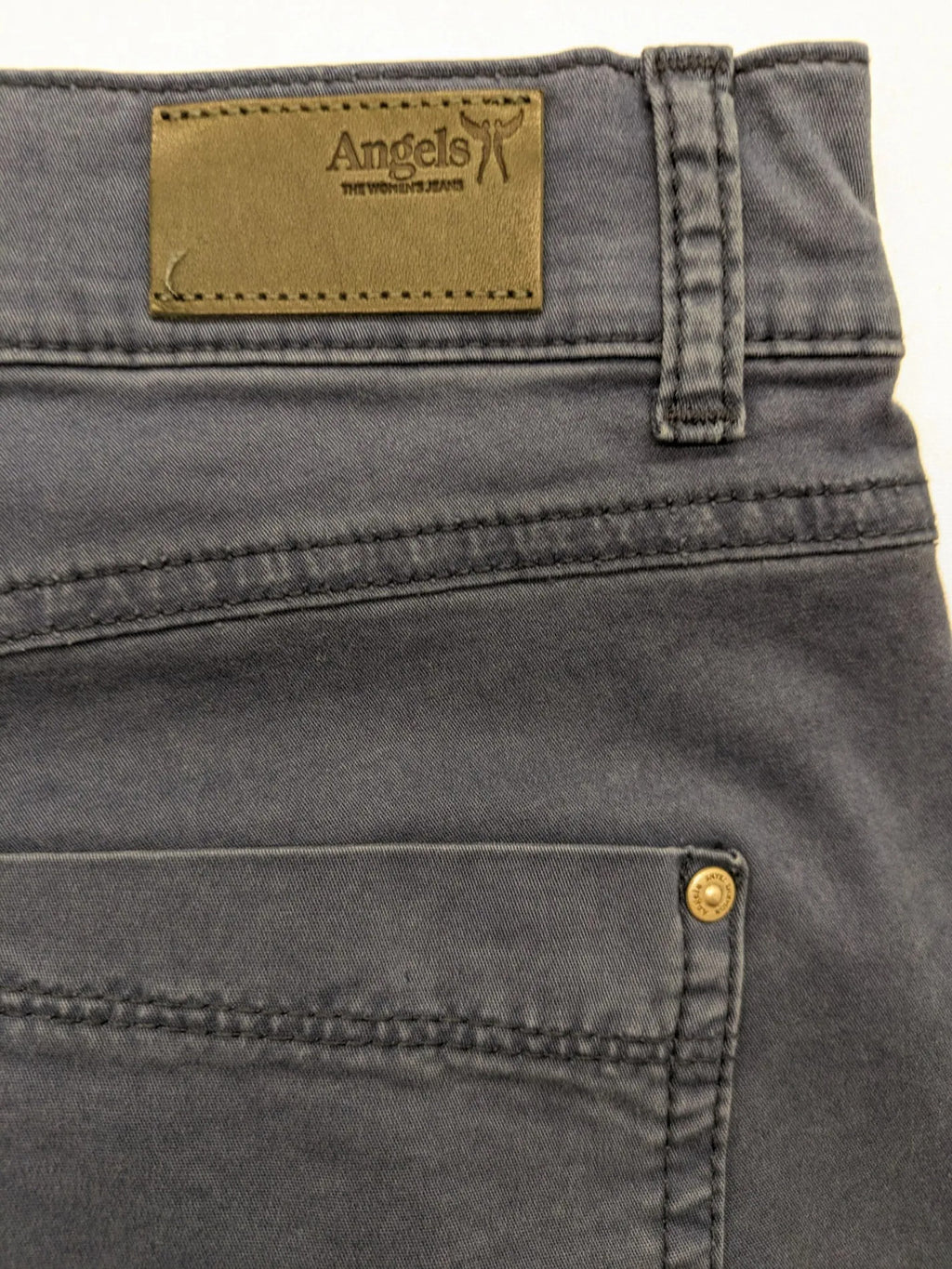 Angels blue straight jeans with five-pocket design and vertical front seams.