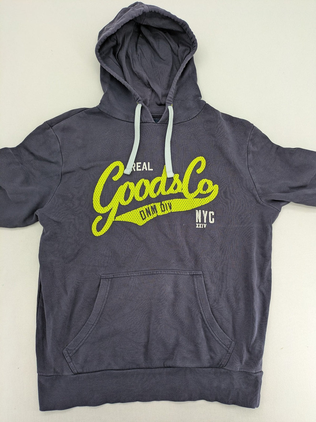Angelo Litrico grey hoodie with neon green 'Real Goods Co NYC' graphic print and kangaroo pocket.