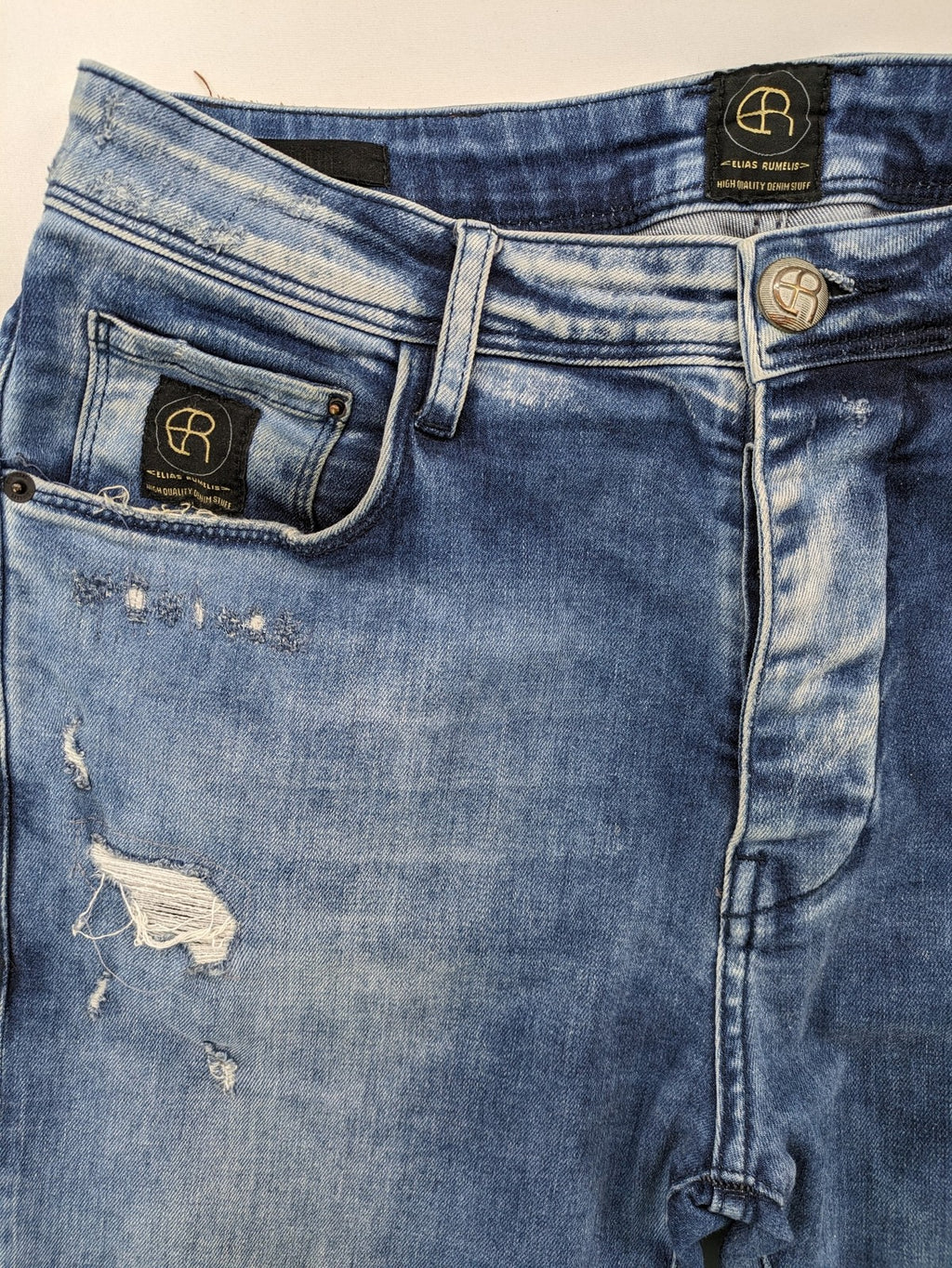 W32 blue straight jeans distressed details tapered fit button fly design