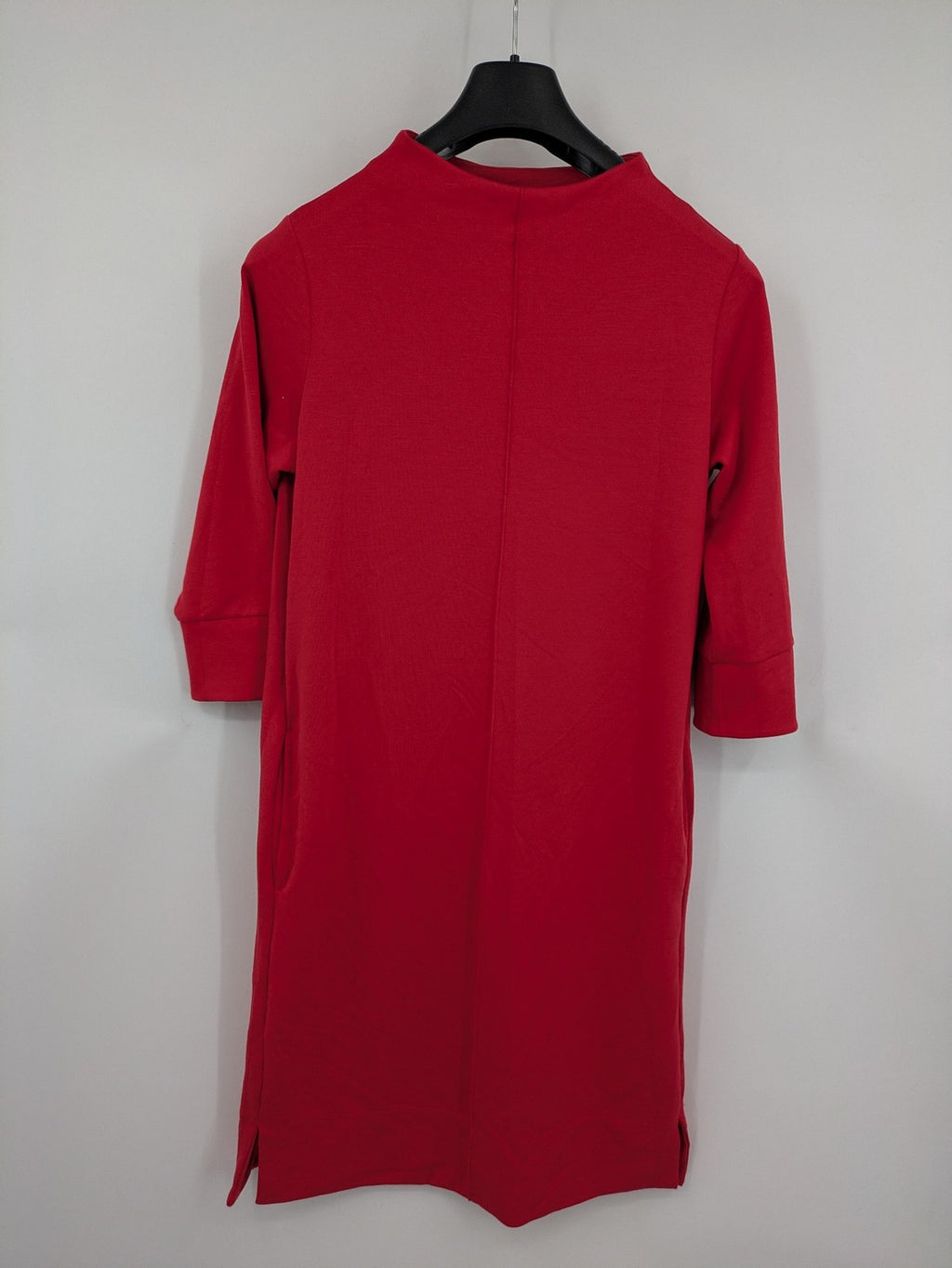 H&M red A-line dress with stand collar, 3/4 sleeves, and side pockets in stretchy jersey.
