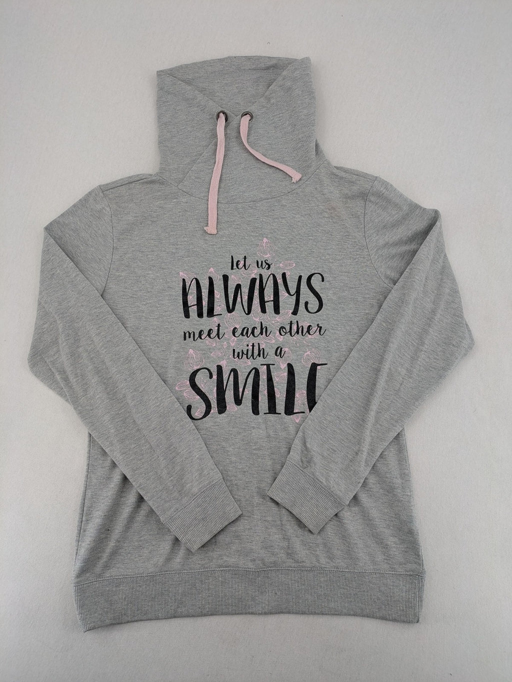 Colours Of The World grey knit jumper with pink drawstring, inspirational graphic print, soft material.