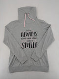 Colours Of The World grey knit jumper with pink drawstring, inspirational graphic print, soft material.
