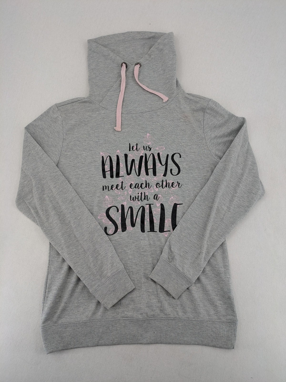 Colours Of The World grey knit jumper with pink drawstring, inspirational graphic print, soft material.
