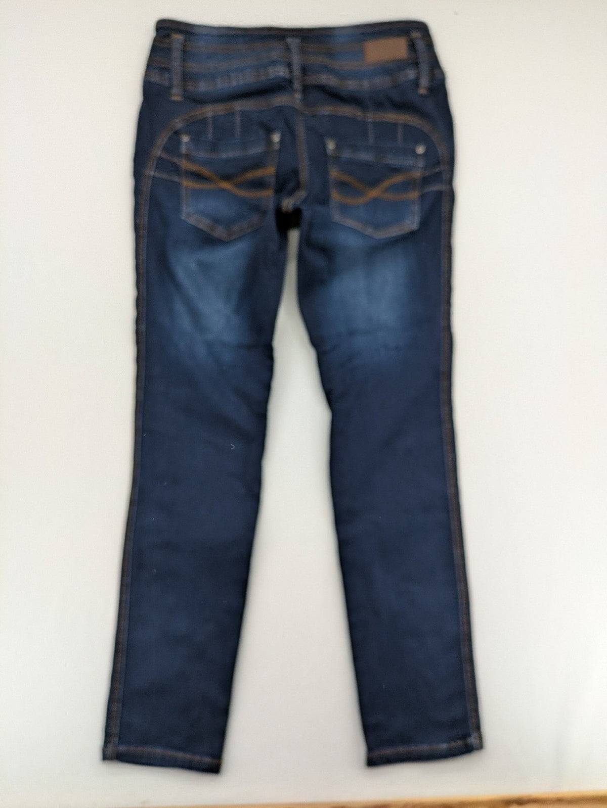 john baner blue high rise skinny jeans three-button fly subtle fading stretch denim