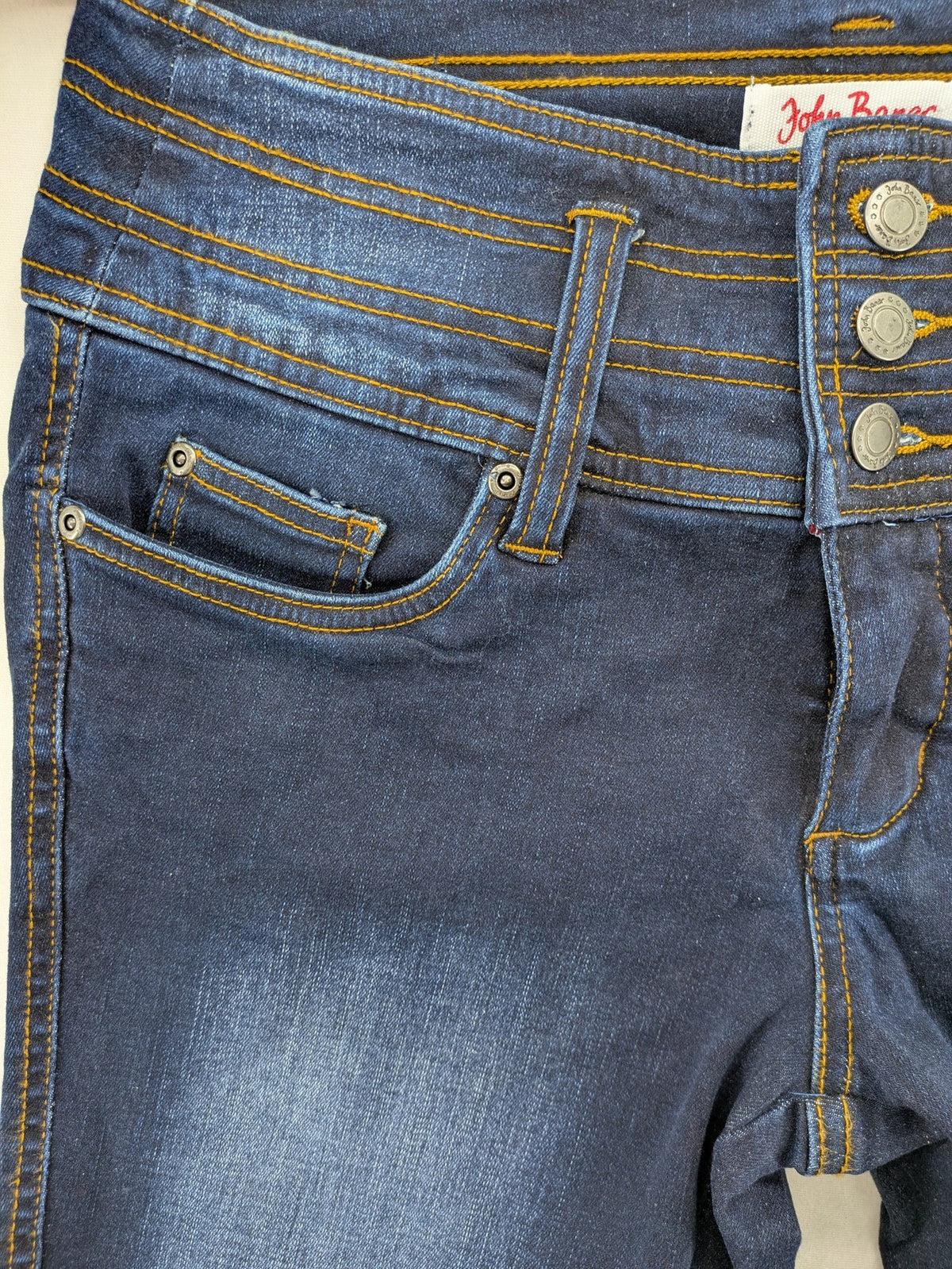 john baner blue high rise skinny jeans three-button fly subtle fading stretch denim