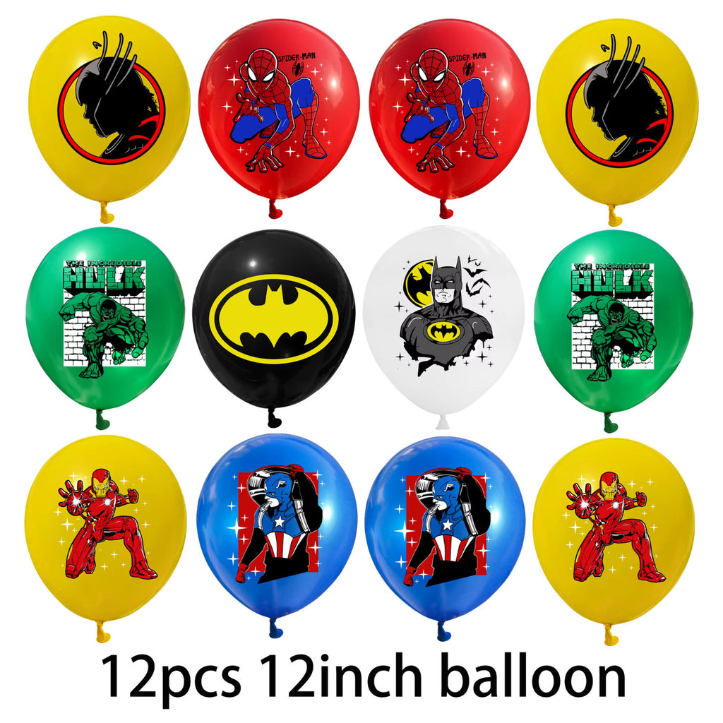 Avengers multi birthday decoration set featuring Spiderman, Hulk, and Batman designs.