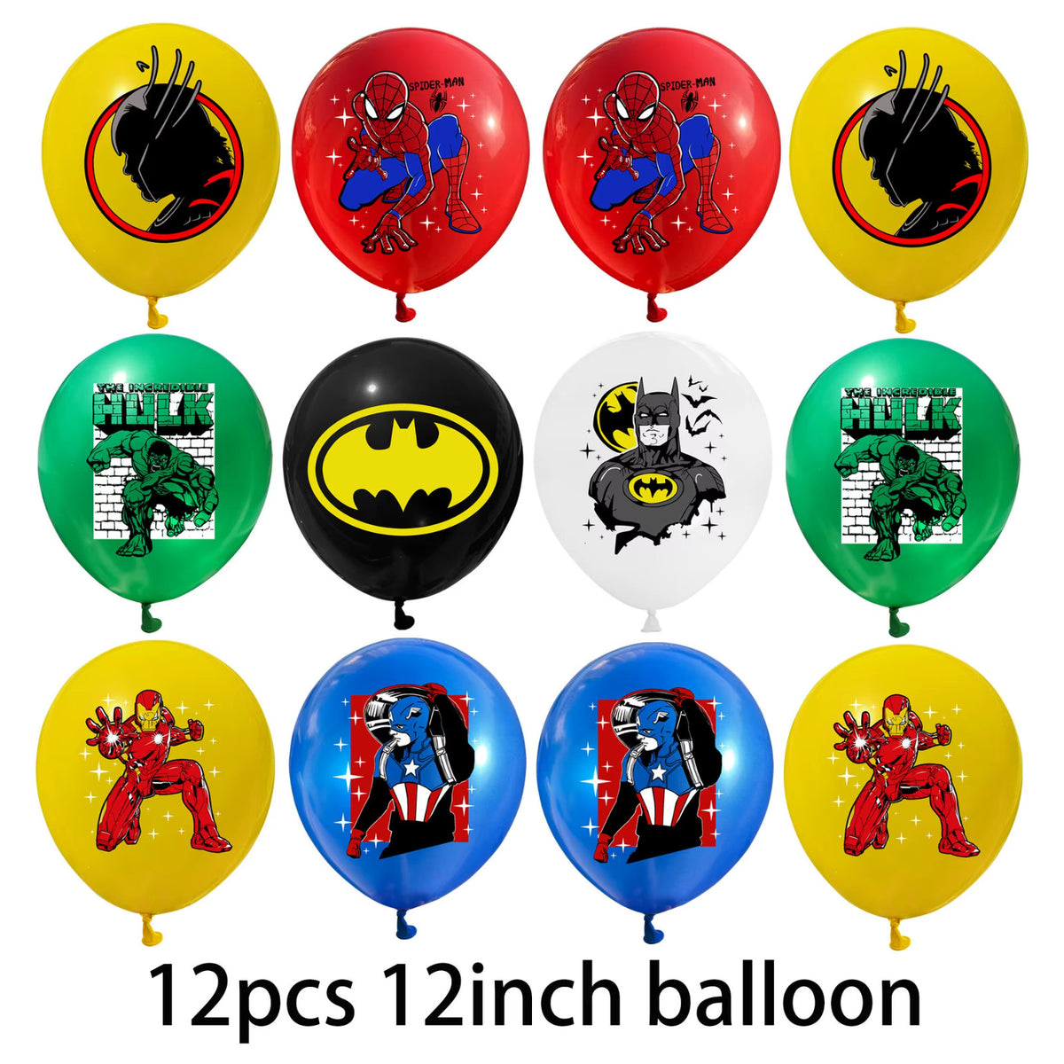 Avengers multi birthday decoration set featuring Spiderman, Hulk, and Batman designs.