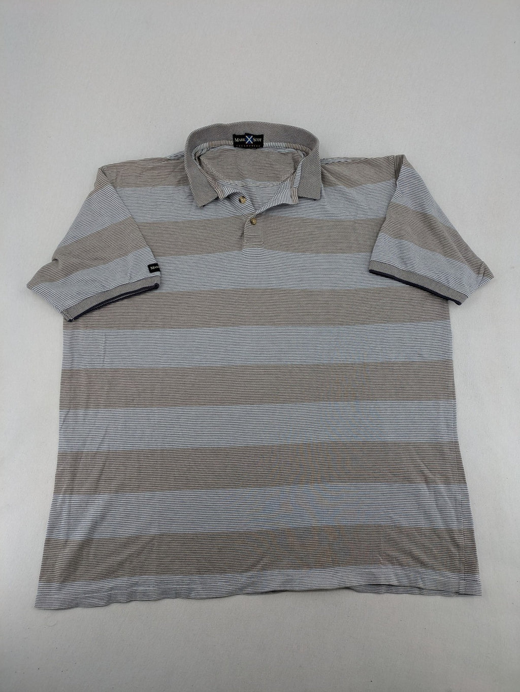 Mark Scot Collection grey and tan striped polo shirt with classic collar and logo.