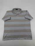 Mark Scot Collection grey and tan striped polo shirt with classic collar and logo.