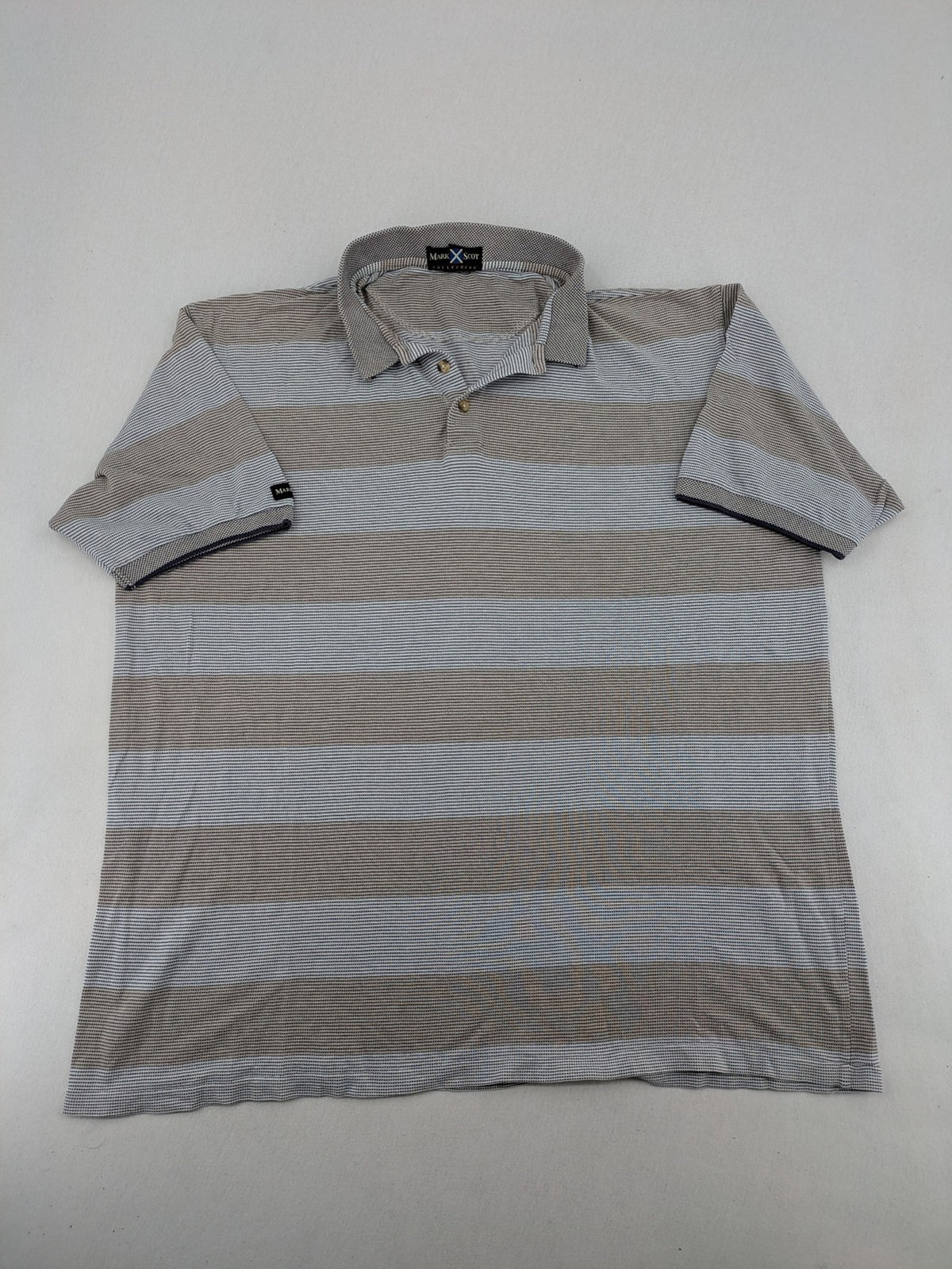 Mark Scot Collection grey and tan striped polo shirt with classic collar and logo.