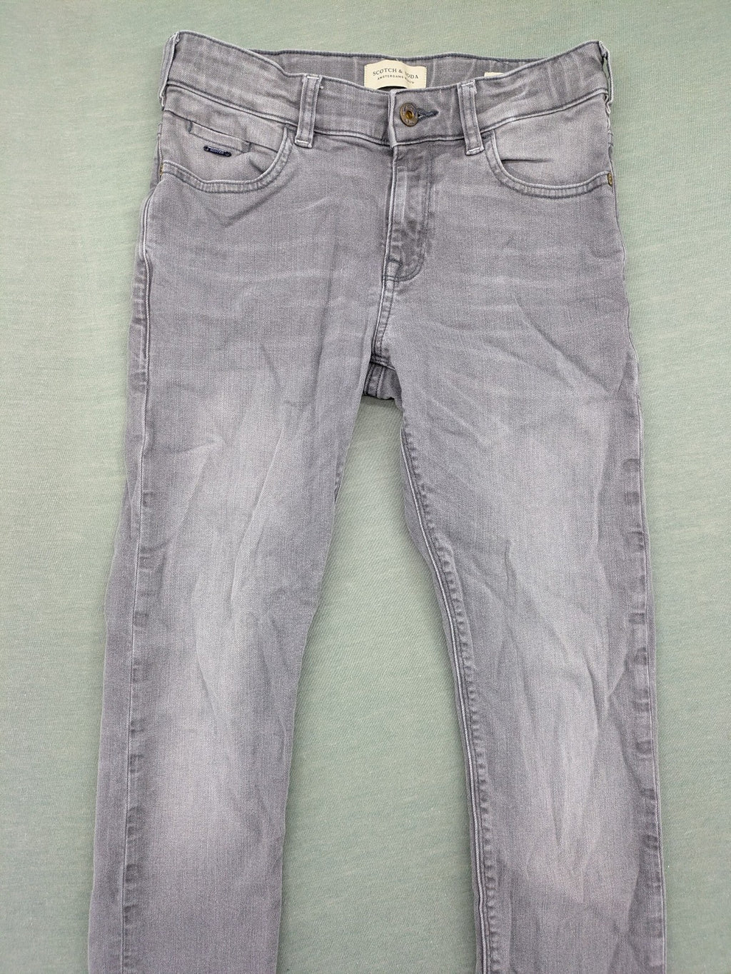 Scotch & Soda grey straight jeans with classic five-pocket design and logo patch.