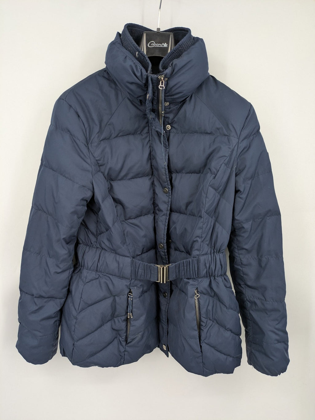 Esprit navy puffer jacket with belt, high collar, ribbed inner lining, and button placket.