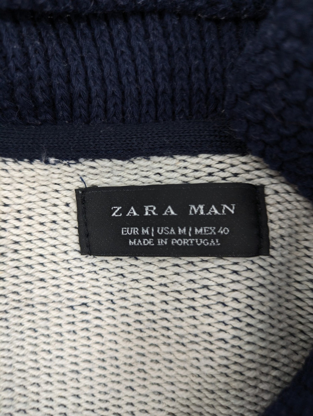 Zara Man multi striped turtle neck jumper with dark blue knit collar and wooden toggle.
