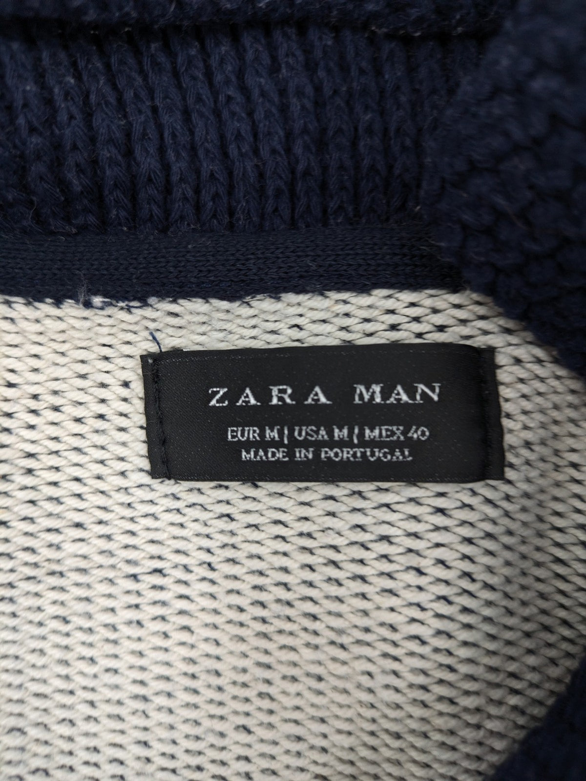 Zara Man multi striped turtle neck jumper with dark blue knit collar and wooden toggle.