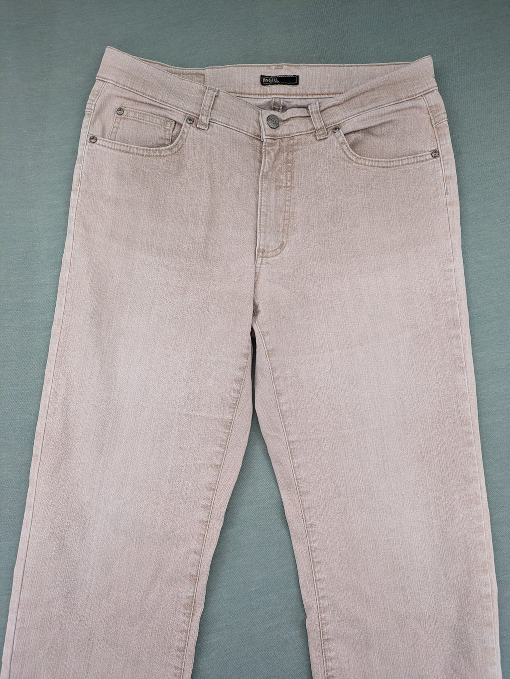 Angels beige straight leg jeans with five-pocket design and zipper button closure.