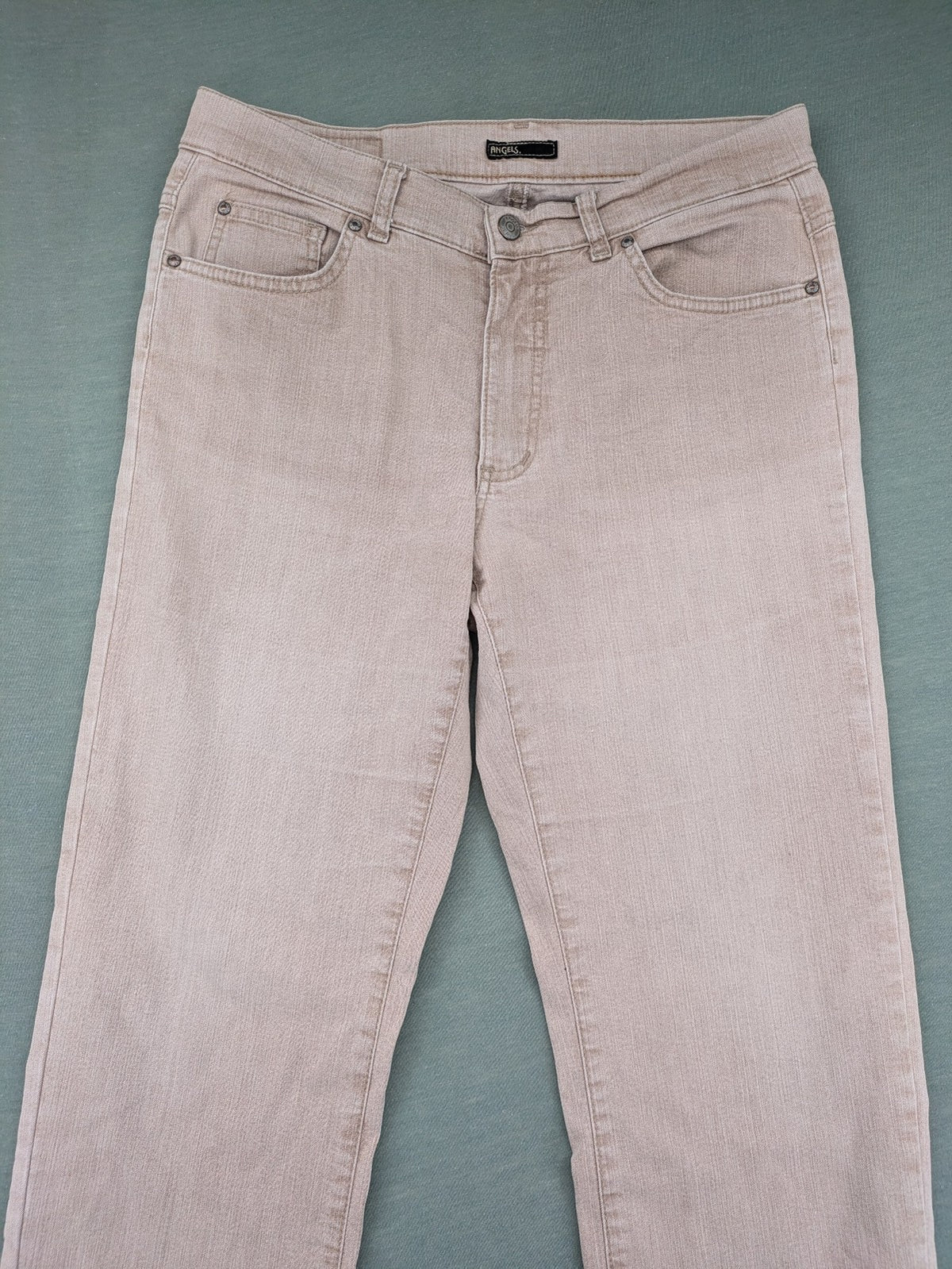 Angels beige straight leg jeans with five-pocket design and zipper button closure.