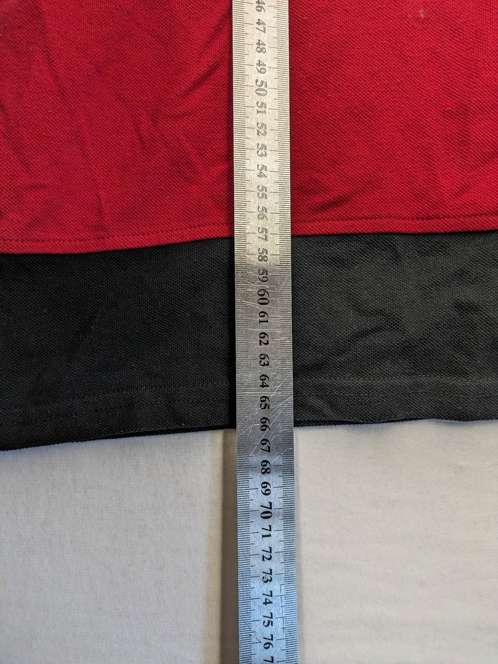 Huge Fashion Exchange rugby polo shirt red and black striped with "SUPERB" graphic.