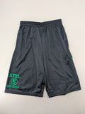 okay grey cargo shorts with green "ATHL. 5 DIVISION" graphic print and side pocket.