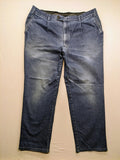 REI blue straight jeans with front pleats, zip fly, and buttoned back pockets.