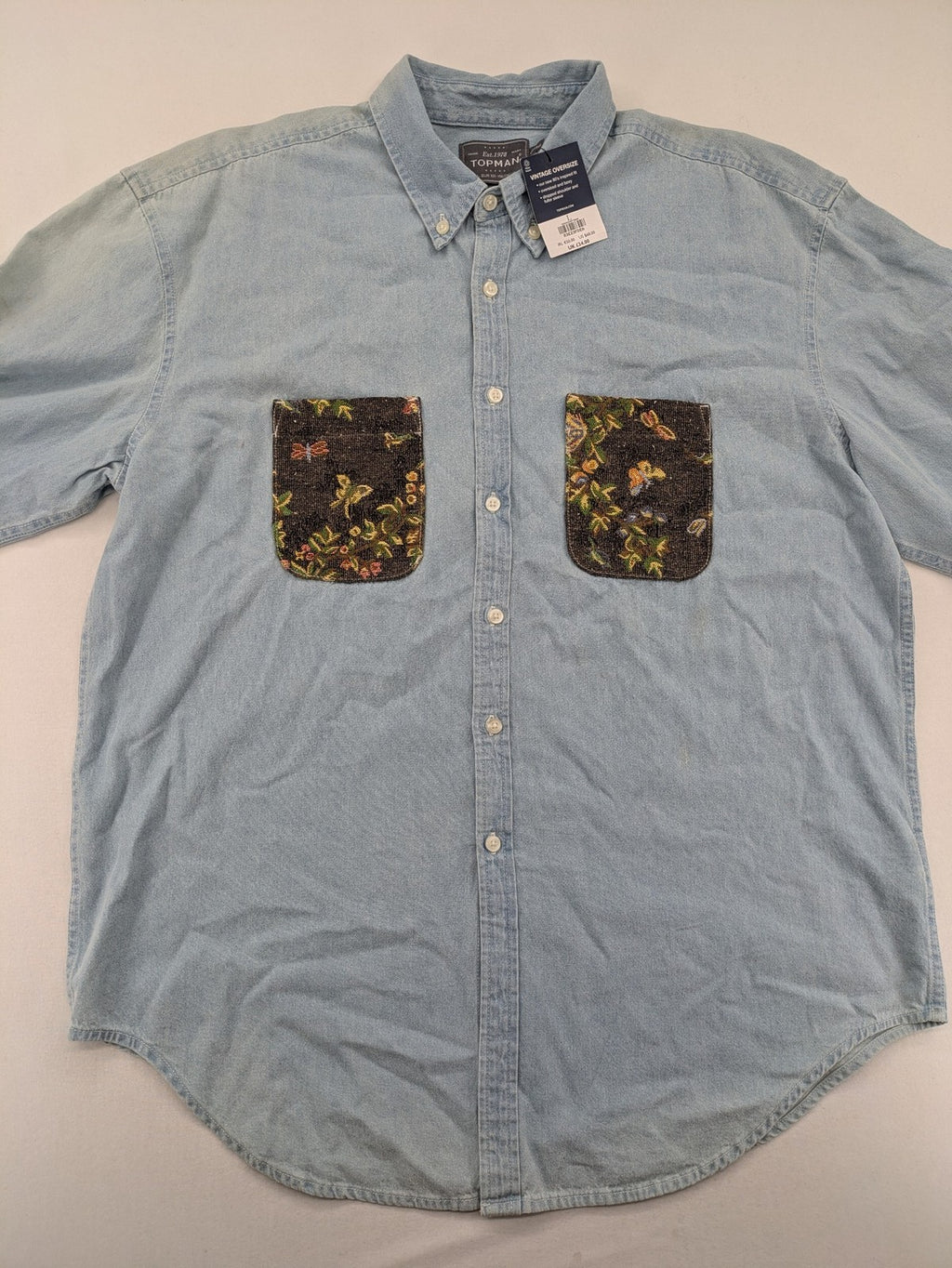 Topman vintage oversized denim shirt blue with floral and insect pattern, button-down style.