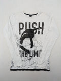 Chapter Young long sleeve shirt white with black skateboarder graphic and motivational text.